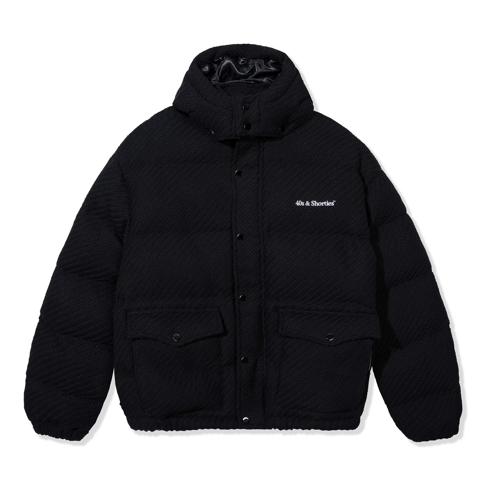 Front view of the black Premium Puffer Jacket with snap button closure and chest embroidery