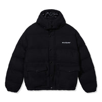 Front view of the black Premium Puffer Jacket with snap button closure and chest embroidery