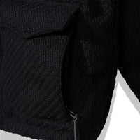 Detail of front pocket with zipper entry beneath flap