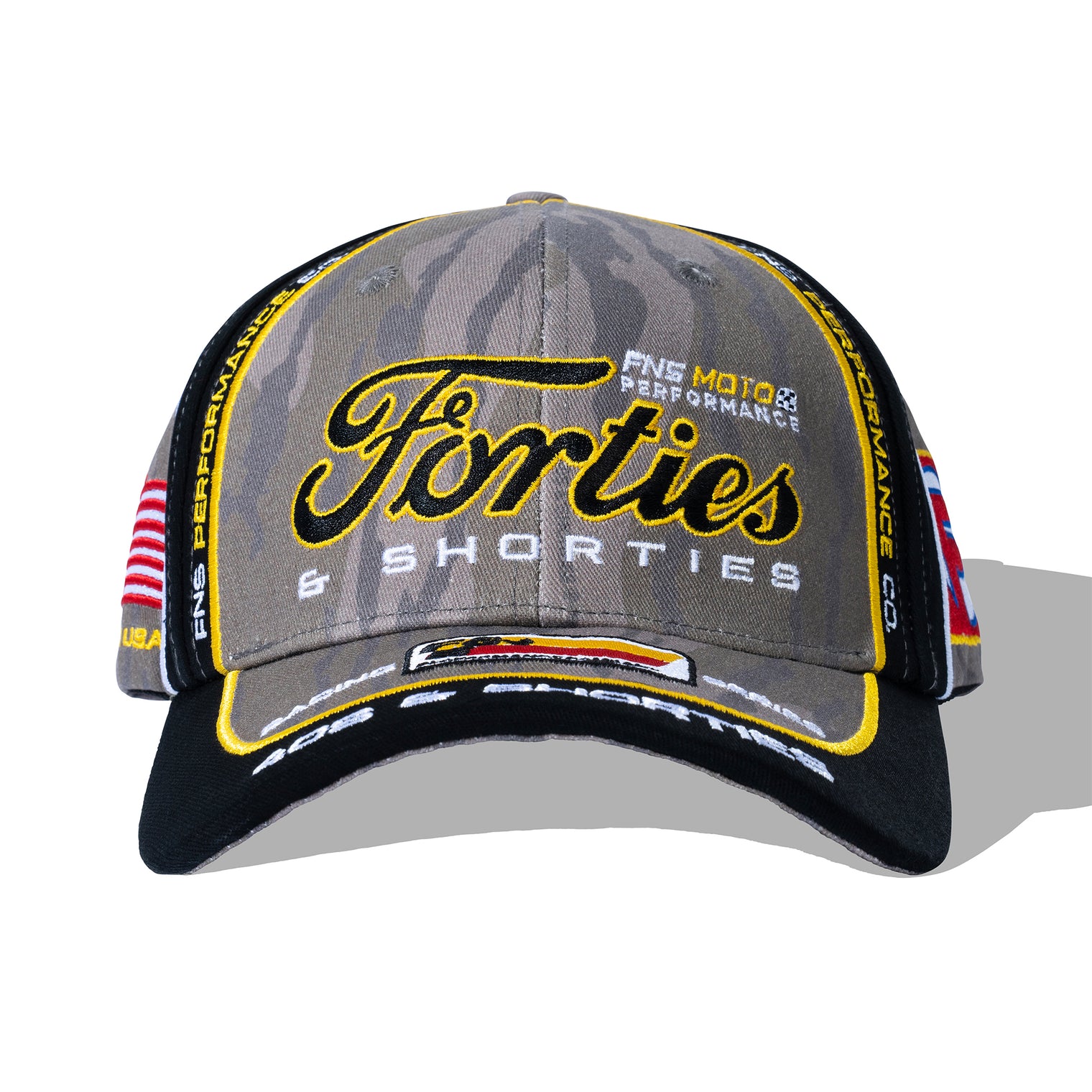Camo Garage Cap with Forties & Shorties front embroidery and racing details
