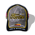 Top view of camo embroidered cap with yellow piping and branded visor