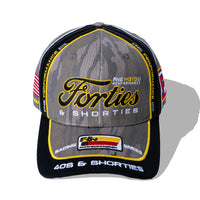 Top view of camo embroidered cap with yellow piping and branded visor
