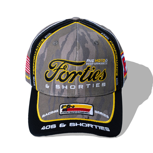 Top view of camo embroidered cap with yellow piping and branded visor