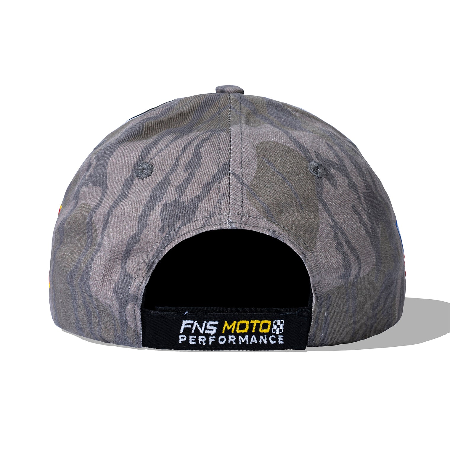 Rear of Camo Garage Cap with FNS Moto Performance back strap detail
