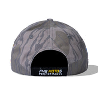 Rear of Camo Garage Cap with FNS Moto Performance back strap detail
