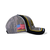 Side panel of Camo Garage Cap with American flag embroidery and FNS Performance logo
