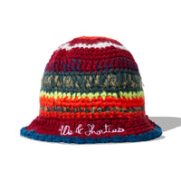 Front view of Baja Bucket Hat with bold multicolor knit and embroidered branding on brim