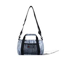 Camo Mini Duffle Bag with adjustable shoulder strap and mesh pocket, full view
