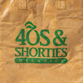 Close-up of 40s & Shorties Organics logo in green on kraft paper