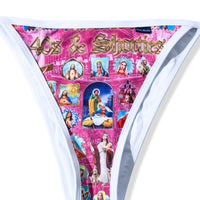 Close-up of 40s & Shorties logo and religious icons on pink bikini bottom
