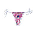 Front view of Holy Spirit Bikini bottom with pink religious print and white tie sides
