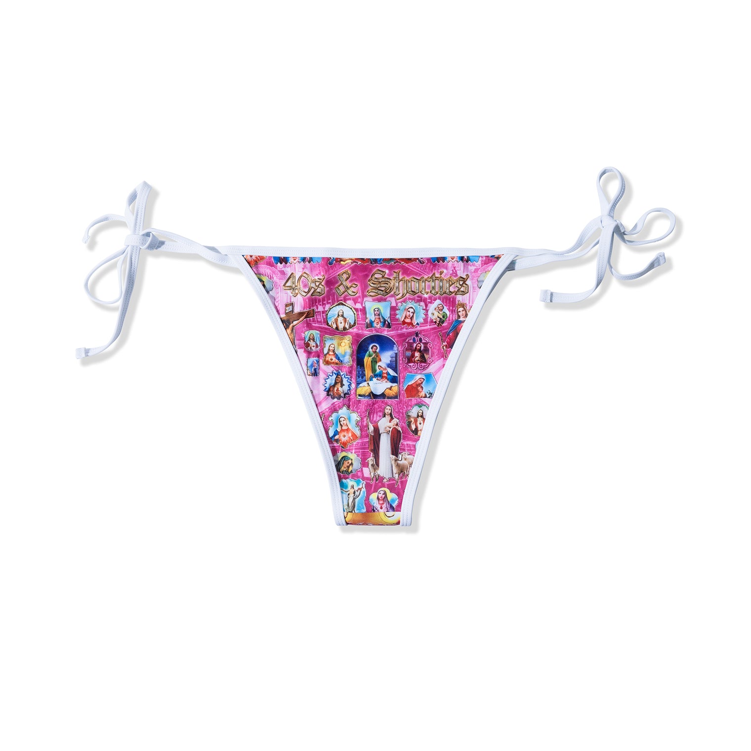 Front view of Holy Spirit Bikini bottom with pink religious print and white tie sides
