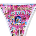 Detailed zoom of pink religious collage print on Holy Spirit Bikini bottom
