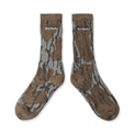 Front view of 40s & Shorties Retro Camo Socks in brown and grey camouflage pattern with ribbed texture and embroidered logo