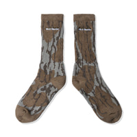 Front view of 40s & Shorties Retro Camo Socks in brown and grey camouflage pattern with ribbed texture and embroidered logo