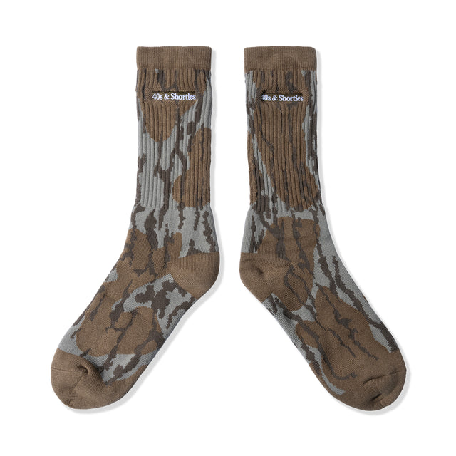 Front view of 40s & Shorties Retro Camo Socks in brown and grey camouflage pattern with ribbed texture and embroidered logo