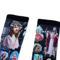 Upper sock detail with visible “40s & Shorties” embroidered branding and sacred imagery.