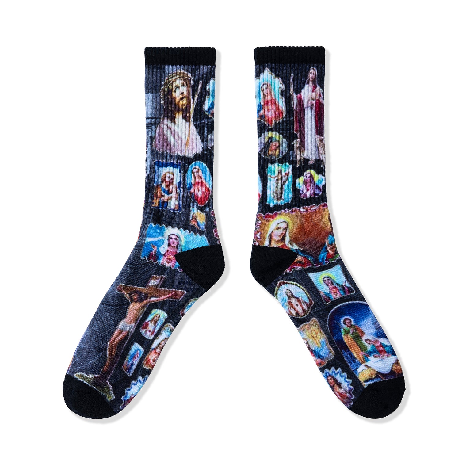 Side-by-side view of socks showing artwork from toe to cuff on both feet.