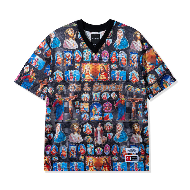 Flat lay of front view of Holy Spirit Football Jersey with all-over religious icon print on black mesh
