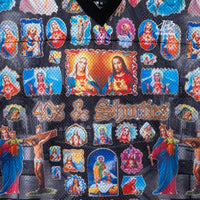 Close-up of the center chest area of jersey showing Jesus and Mary print with 40s & Shorties logo
