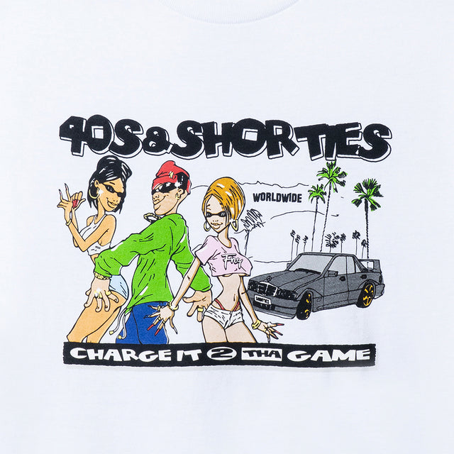 Close-up of front graphic on the Charge It Tee White featuring cartoon characters, palm trees, and a black car.
