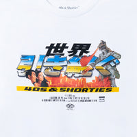 Close-up of the 40s & Shorties Robot Invasion Tee in white, featuring a retro Japanese robot battle graphic with cityscape and characters.