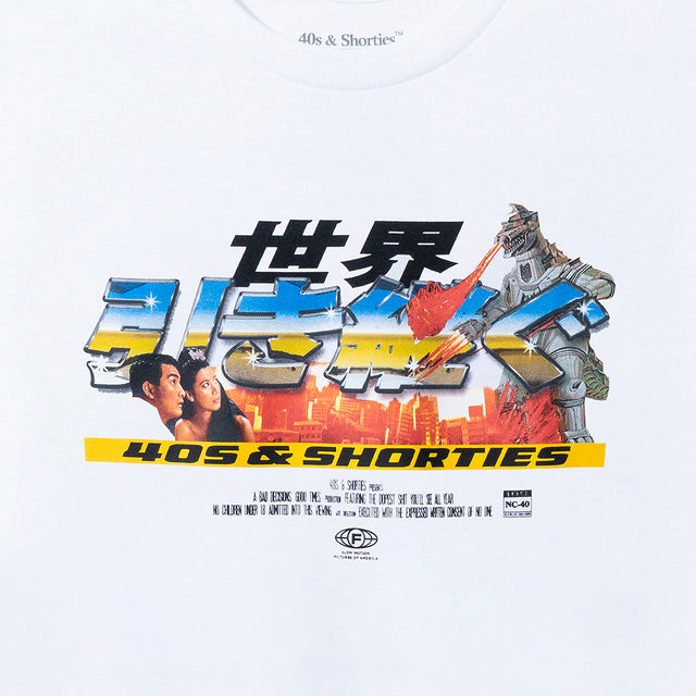 Close-up of the 40s & Shorties Robot Invasion Tee in white, featuring a retro Japanese robot battle graphic with cityscape and characters.