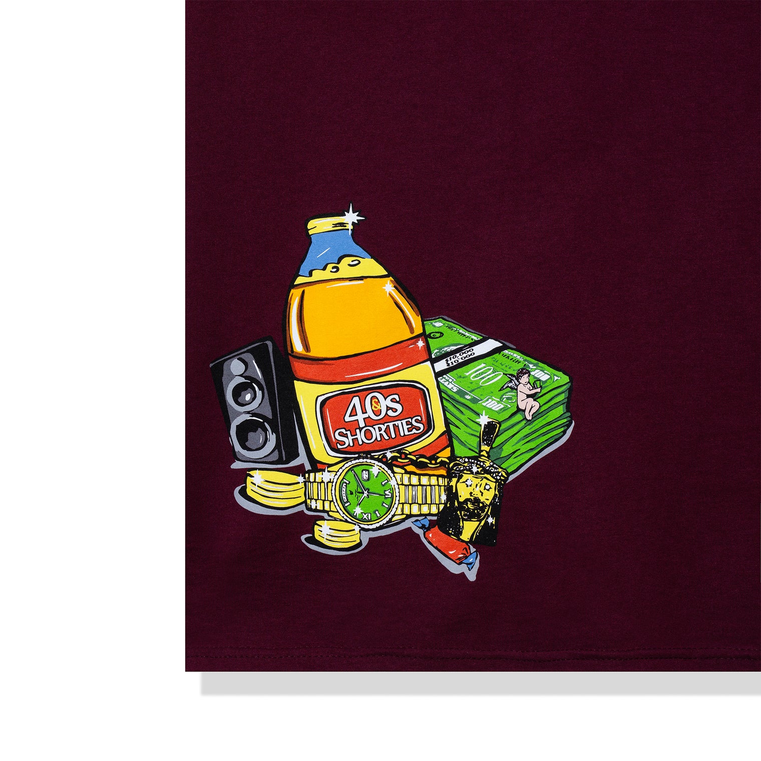 Detail of graphic featuring gold watch, 40s bottle, and cash stack on burgundy fabric