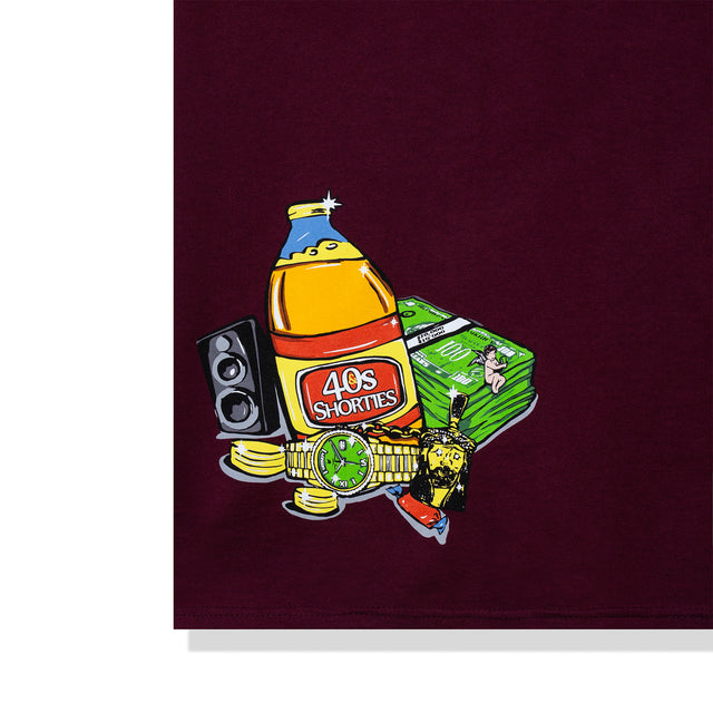 Detail of graphic featuring gold watch, 40s bottle, and cash stack on burgundy fabric