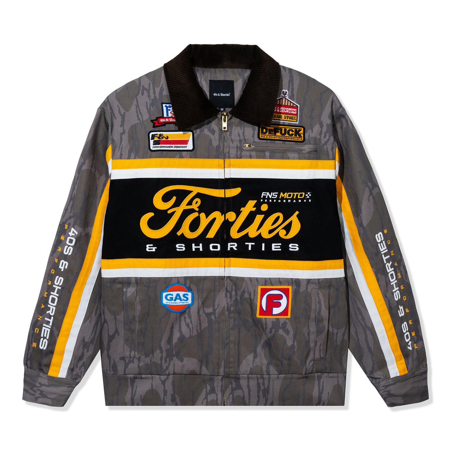 Camo Garage Jacket laid flat with embroidered logos and corduroy collar
