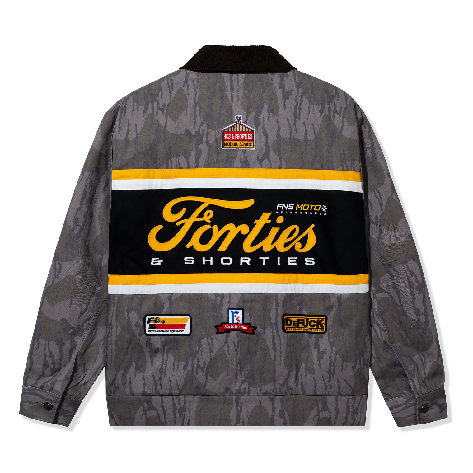 Back of Camo Garage Jacket with racing patches and printed camo design

