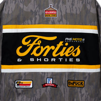 Detailed embroidery of Forties & Shorties logo on back of Camo Garage Jacket

