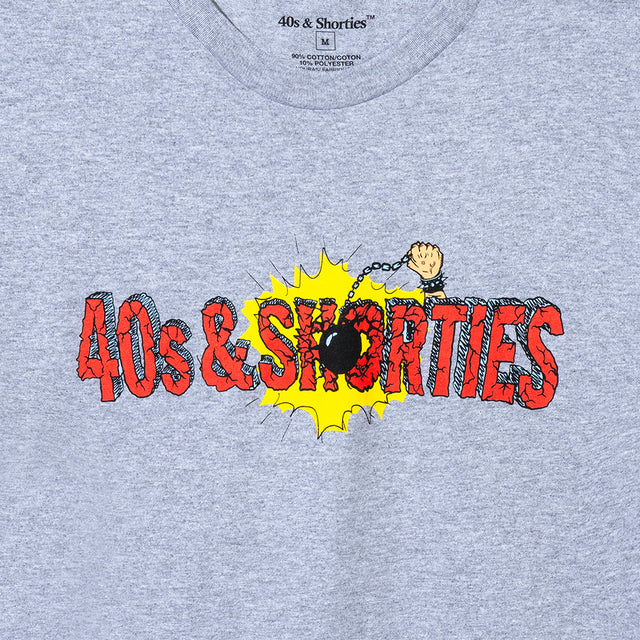 Close-up of the Smashing Tee in Athletic Heather featuring a red 40s & Shorties logo graphic being hit by a cartoon wrecking ball.