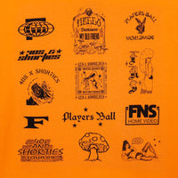 Close-up of back graphic grid with vintage and street-style logos printed in black.
