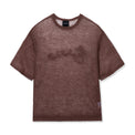 Flat front view of the Fade Away Shirt in chocolate with sheer knit texture and tonal embroidery.
