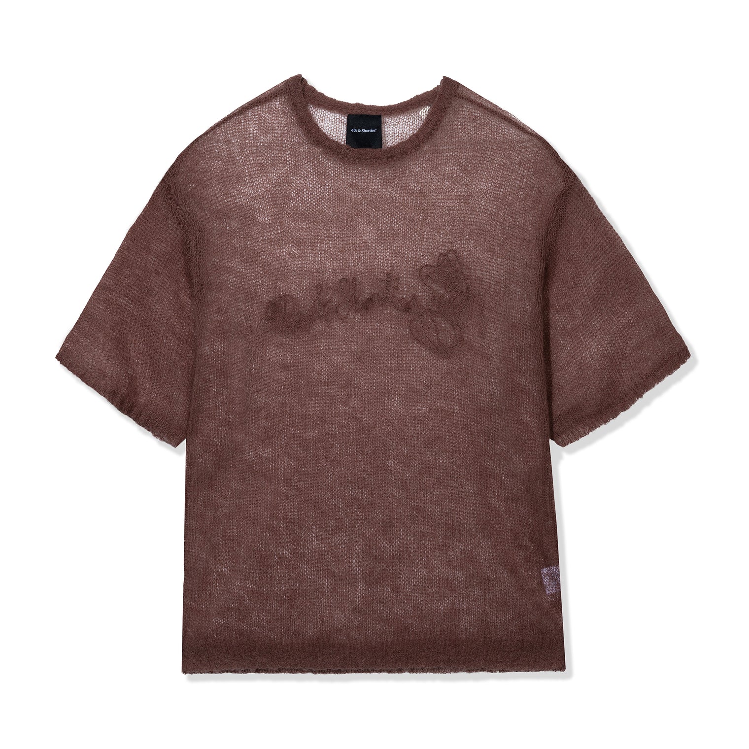 Flat front view of the Fade Away Shirt in chocolate with sheer knit texture and tonal embroidery.
