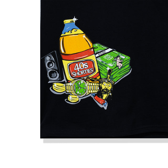 Graphic detail of 40s & Shorties bottle, gold chain, and money stack on Pull Up Tee