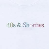 Close-up of multicolor rhinestone "40s & Shorties" logo on white tee.
