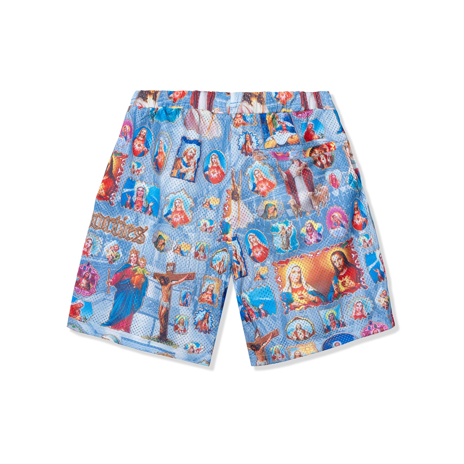 Back view of Holy Spirit Shorts showing pocket and allover sacred artwork
