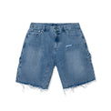Flat front view of Denim Carpenter Shorts in blue with frayed hem and utility pocket.
