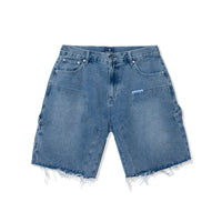 Flat front view of Denim Carpenter Shorts in blue with frayed hem and utility pocket.
