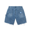 Flat back view of Denim Carpenter Shorts showing patch pockets and side loop detail.
