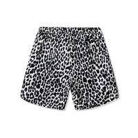 Back view of Desert Leopard Shorts in allover black and white leopard print
