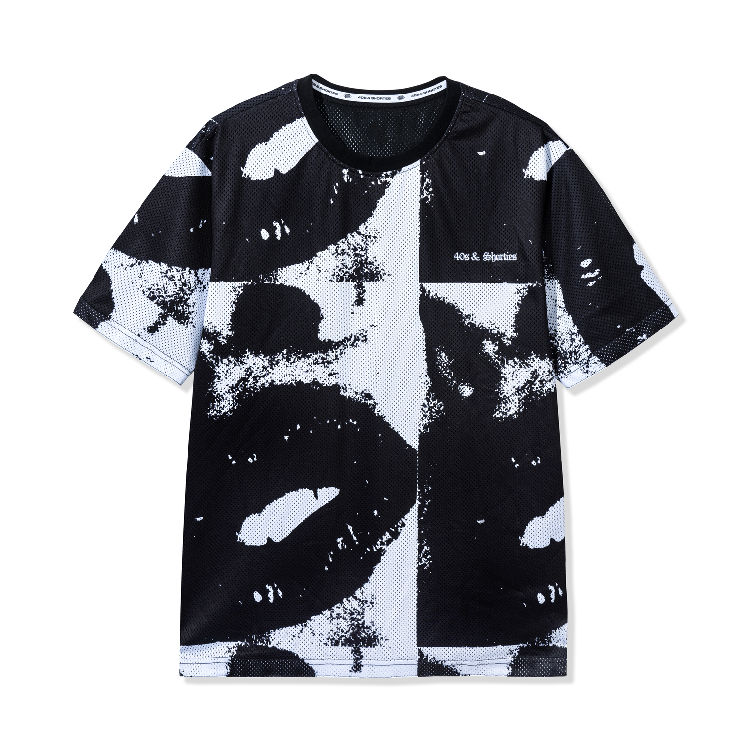 Front view of Lips Reversible Tee showing abstract black and white lips graphic
