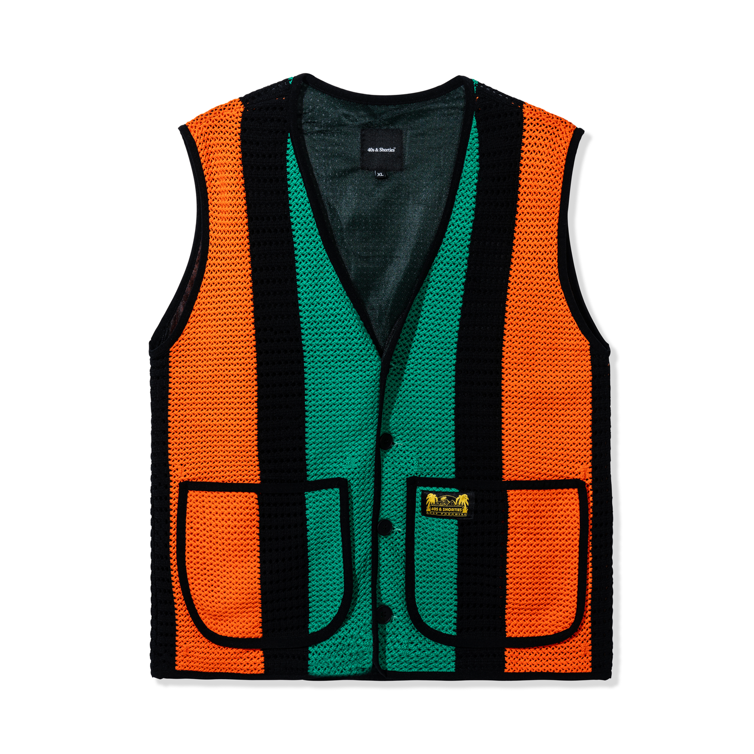 Front view of Beachside Vest – Green, orange, and black mixed-gauge knit vest with front pockets and button-up closure, by 40s & Shorties.
