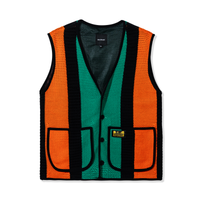 Front view of Beachside Vest – Green, orange, and black mixed-gauge knit vest with front pockets and button-up closure, by 40s & Shorties.
