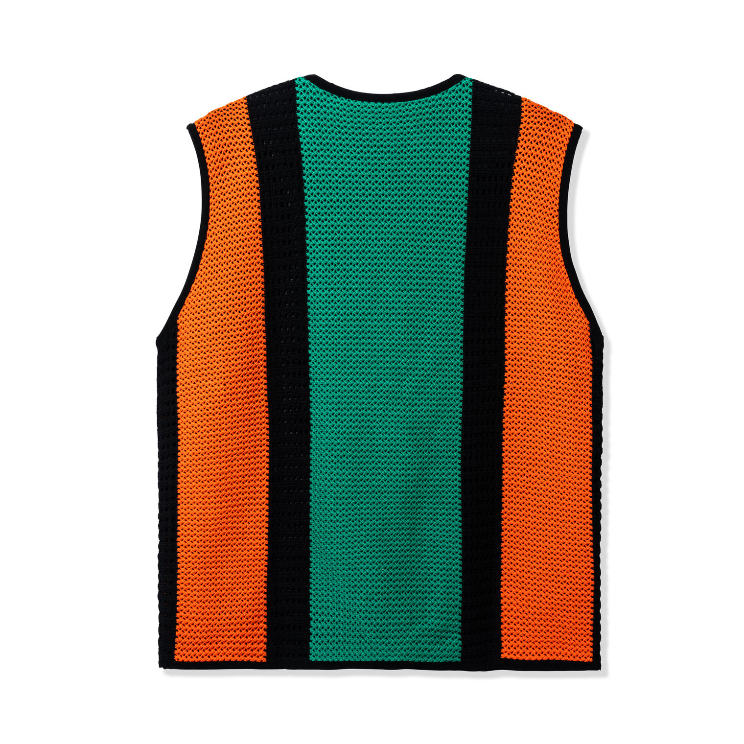 Back view of Beachside Vest – Full back panel in striped green, black, and orange knit pattern with clean armhole and neck finishing.