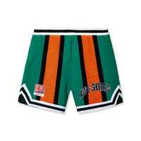 Front view of Beachside Basketball Shorts featuring vertical orange, green, and black stripes with embroidered 40s & Shorties logo on the left leg.
