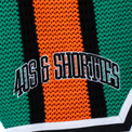 Close-up of 40s & Shorties logo embroidery on the Beachside Basketball Shorts in black and white over orange and green knit.
