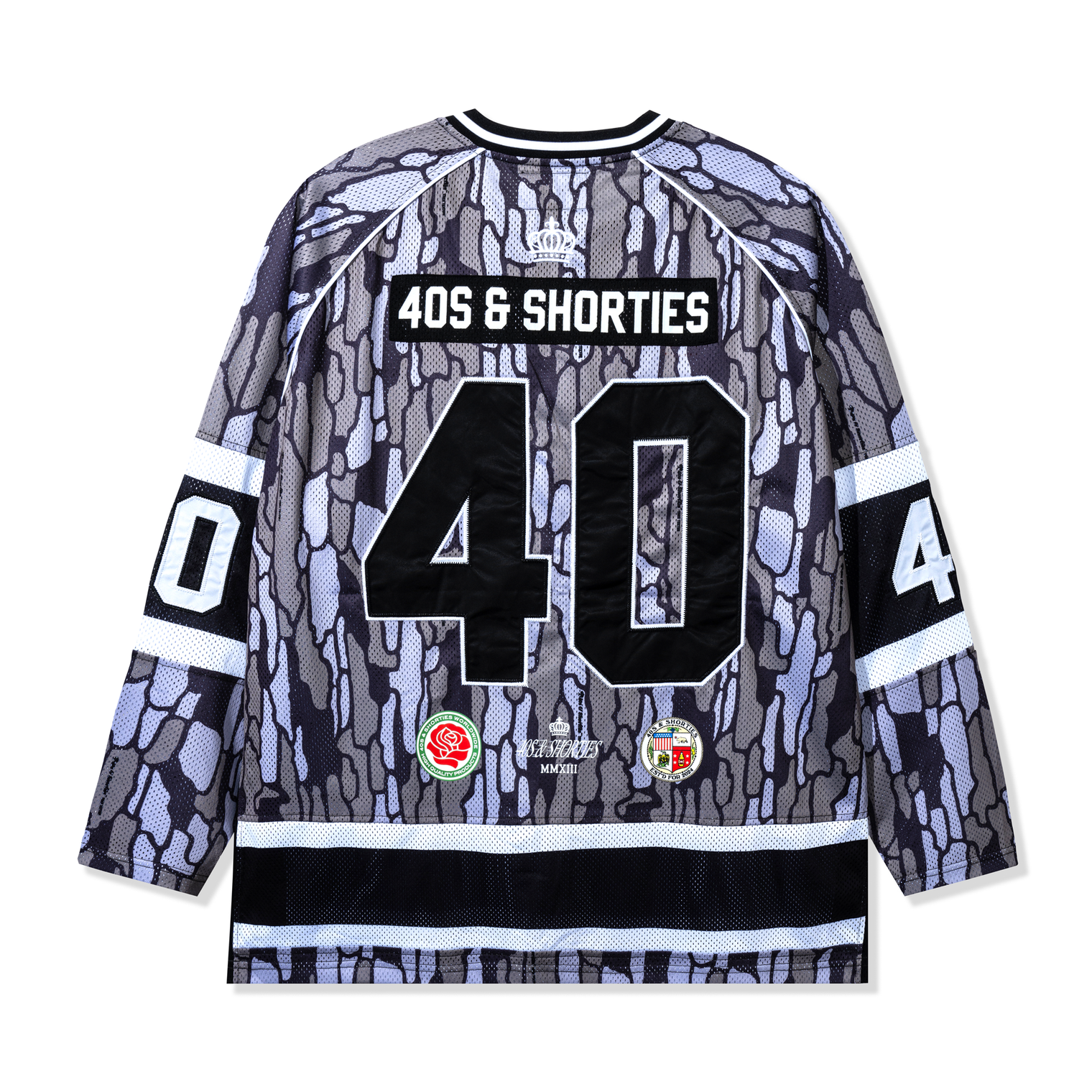 Back view of Champs Hockey Jersey – Camo with large “40” applique and logo hits
